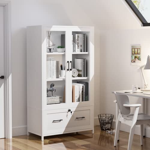 VINGLI Lateral File Cabinet with Glass Doors and Locking Drawer for Hanging File Folders, Bookshelf with Adjustable Shelves for Home Office (White, 30''W x 16''D x 55''H)