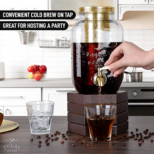 ***Zulay Kitchen 1 Gallon Cold Brew Coffee Maker - Large Iced Tea & Cold Brew Pitcher with Extra-Thick Glass & Stainless Steel Infuser - Drink & Beverage Dispenser Jar with Airtight Lid & Spout (Gold)