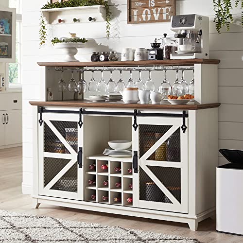 OKD Farmhouse Coffee Bar Cabinet with LED Lights, 55" Sideboard Buffet Table w/Sliding Barn Door & Wine and Glass Rack, Home Liquor Bar w/Storage Shelves for Dining Room,Antique White