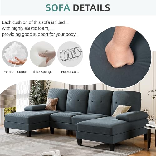 JAMFLY Sectional Sofa Couches for Living Room, 4 Seat U-Shaped Sofa Couch with Linen Fabric and Double Chaises for Apartment, Office, Dark Grey