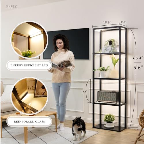 FENLO Fantasy Plus Pro - 66" LED Glass Display Shelf with Dimmable LED Floor Lamp, Curio Cabinet with Adjustable Color Temp, Open Display Cabinet for Collectibles, Long Lasting LED