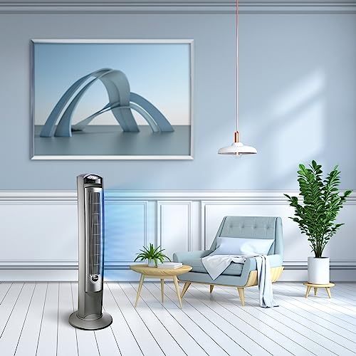 Ventilador de torre oscilante Lasko, ventiladores silenciosos con control remoto, para dormitorio, sala de estar, oficina, ventilador de torre con control remoto, temporizador de 3 velocidades, 42”, plateado T42951