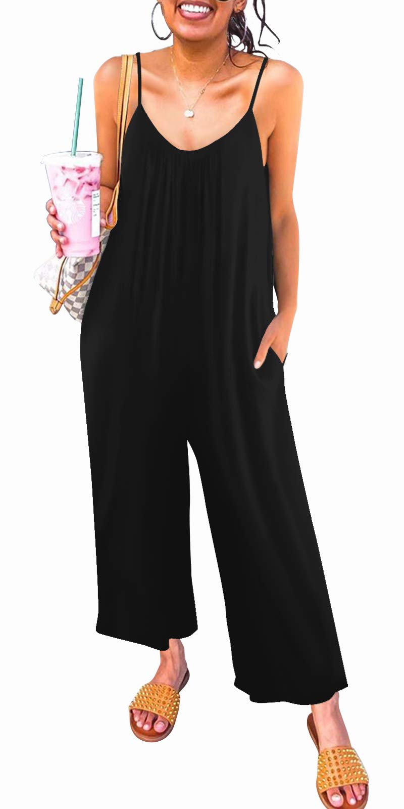 snugwind Womens Casual Sleeveless Strap Loose Adjustable Jumpsuits Stretchy Long Pants Romper with Pockets Medium Black