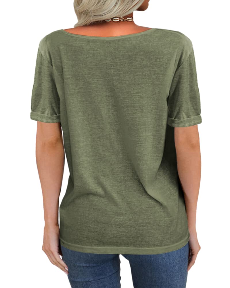 Danedvi Women Fashion Deep V-Neck Short Sleeve Tops Solid Casual Loose Basic T Shirt Army Green