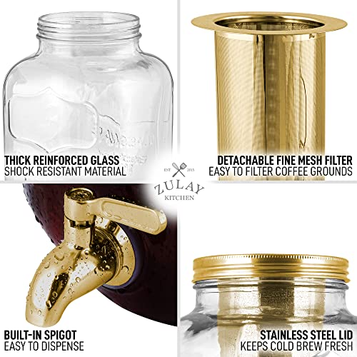 ***Zulay Kitchen 1 Gallon Cold Brew Coffee Maker - Large Iced Tea & Cold Brew Pitcher with Extra-Thick Glass & Stainless Steel Infuser - Drink & Beverage Dispenser Jar with Airtight Lid & Spout (Gold)