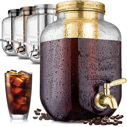 ***Zulay Kitchen 1 Gallon Cold Brew Coffee Maker - Large Iced Tea & Cold Brew Pitcher with Extra-Thick Glass & Stainless Steel Infuser - Drink & Beverage Dispenser Jar with Airtight Lid & Spout (Gold)