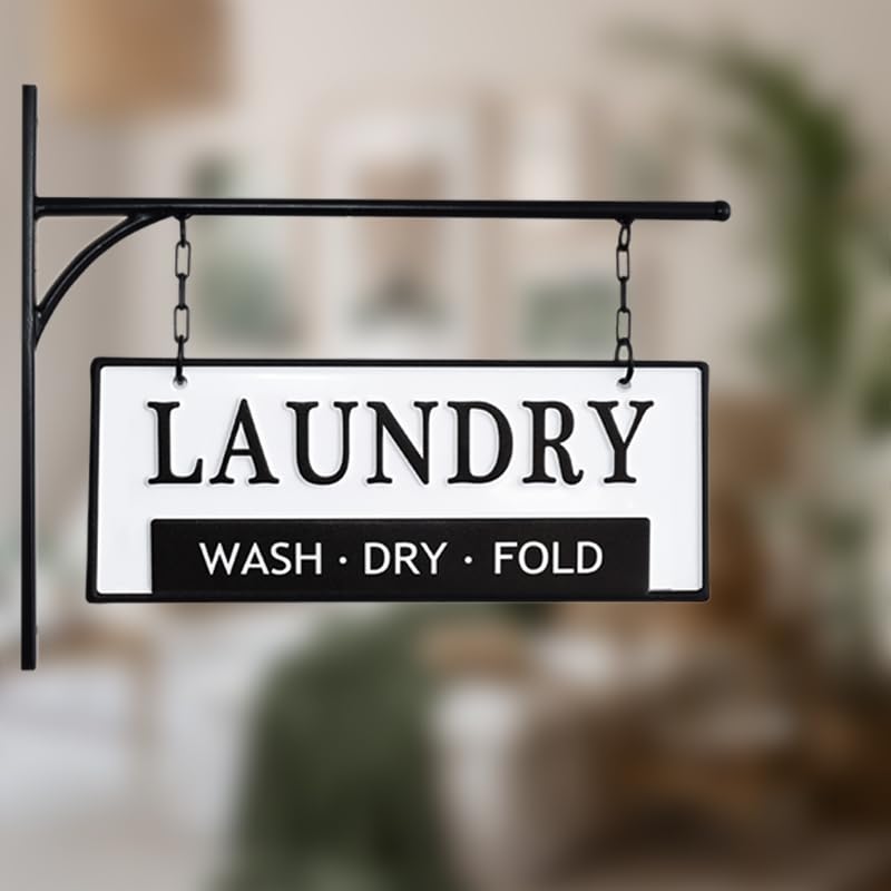 Laundry Wash Dry Fold Laundry Hanging Sign for Laundry Room, Decorative Metal Laundry Room Wall Decor, Double-Sided Embossed with Bracket - 13 x 10.5 Inchs