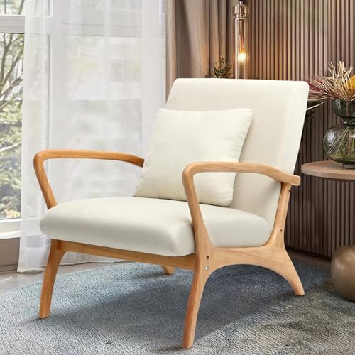 Sillón con reposabrazos CDCASA de estilo moderno de mediados de siglo con cojín, tapizado de tela de lino y marco de madera, para sala de estar, dormitorio, lectura y balcón, juego de 1