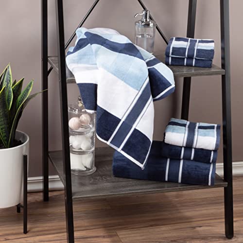 6PC Towel Set - Absorbent Cotton Bathroom Accessories with Bath Towels, Hand Towels, and Wash Cloths - Solid and Striped Towels by Lavish Home (Navy)