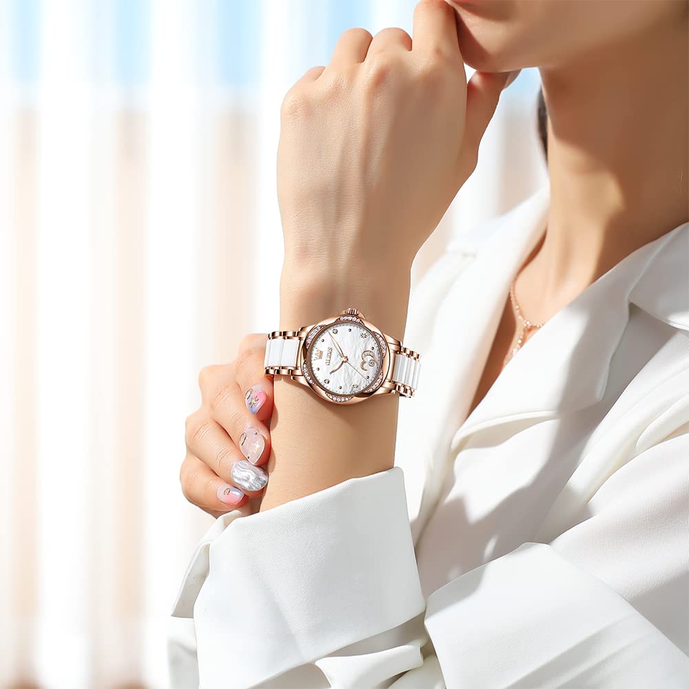 Reloj automático OLEVS de cuerda automática para mujer, de acero inoxidable, oro rosa, cerámica, esfera grande, corazón blanco, diamantes, nácar, resistente al agua, fecha, reloj para mujer en dos tonos