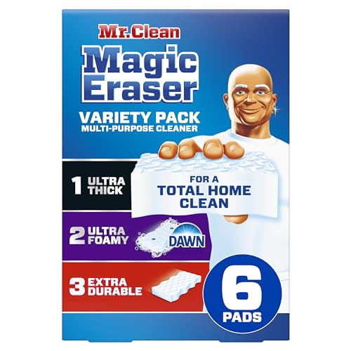 Paquete variado de borradores mágicos Mr. Clean con limpiador multiusos ultraespeso, ultraespumante y extraduradero, esponja limpiadora multisuperficies Magic Eraser, 6 unidades