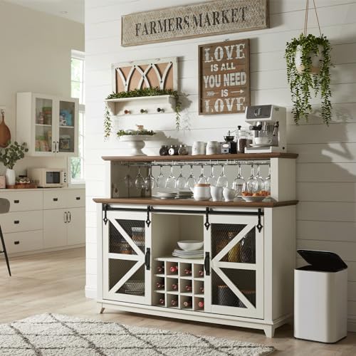 OKD Farmhouse Coffee Bar Cabinet with LED Lights, 55" Sideboard Buffet Table w/Sliding Barn Door & Wine and Glass Rack, Home Liquor Bar w/Storage Shelves for Dining Room,Antique White