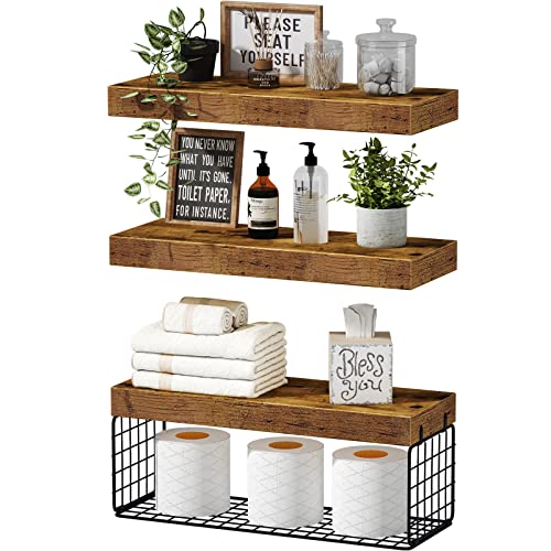 QEEIG Bathroom Shelves Over Toilet Wall Mounted Floating Shelves Farmhouse Shelf Toilet Paper Holder Small 16 inch Set of 3, Rustic Brown (019-BN3)