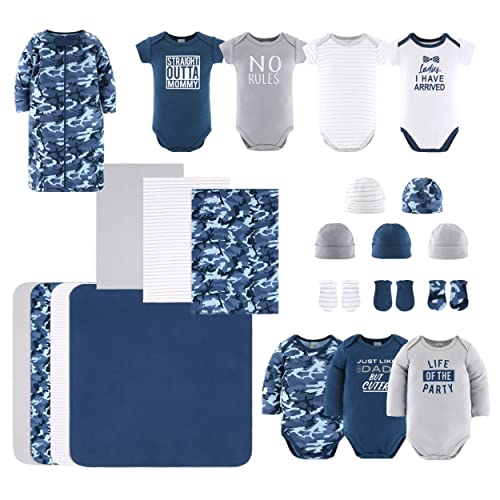 Conjunto de regalo Peanutshell Newborn Layette para bebés varones: conjunto de 23 piezas de ropa y accesorios para recién nacidos, apto para recién nacidos de 0 a 3 meses, color azul camuflaje