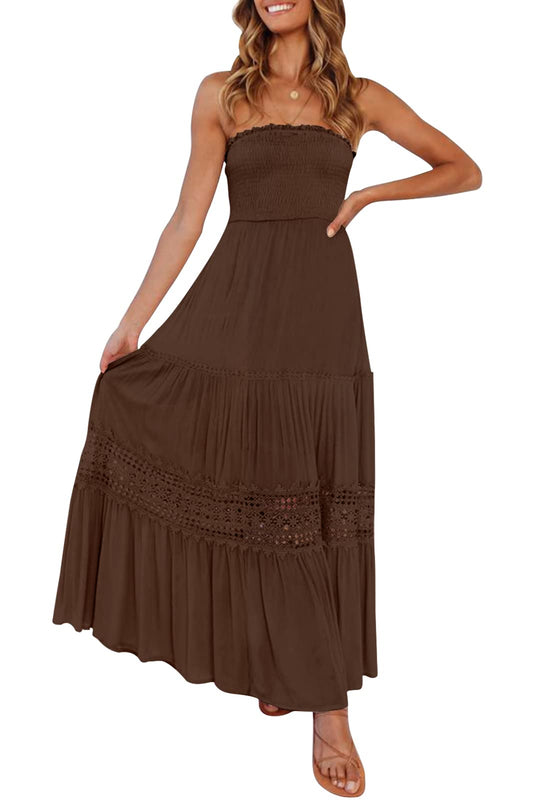 ZESICA Women's 2024 Summer Bohemian Strapless Off Shoulder Lace Trim Backless Flowy A Line Beach Long Maxi Dress,Coffee,X-Large