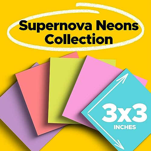 Notas adhesivas Post-it Super Sticky, 3 x 3 pulgadas, 24 blocs, doble poder de adherencia, neones Supernova, colores brillantes, reciclables