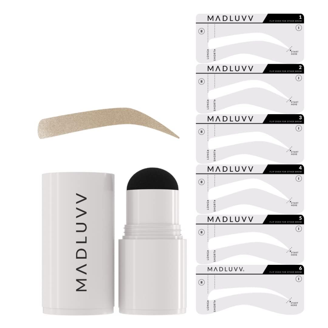 Kit de plantillas para cejas MADLUVV: fácil de usar, aspecto natural, 6 formas populares, utilizado por profesionales; incluye sello, plantillas, cepillo y bolsa de viaje (rubio)