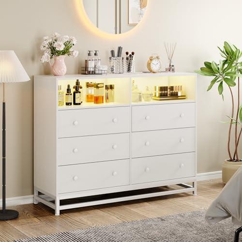 Jojoka Wide Dresser for Bedroom with Charging Station, 6 Drawer Dresser with LED Lights