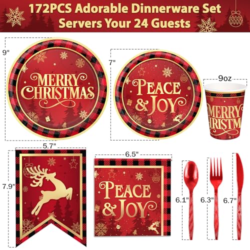 172Pcs Christmas Party Supplies Red and Black Buffalo Plaid Disposable Tableware Set Christmas Plates and Napkins, Plastic Tablecloths, Banners, Cutlery for Christmas Party Decorations