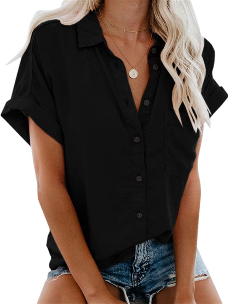 APRAW - Camisas informales de manga corta con botones para mujer, blusas lisas de algodón de verano con bolsillos, color negro