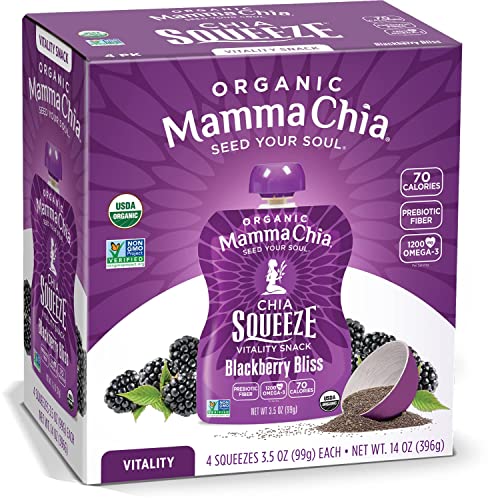 Snack orgánico Vitality Squeeze de Mamma Chia, sabor a mora, 24 sobres de chía de 3,5 onzas. Orgánico certificado por el USDA, sin OGM, vegano, sin gluten y kosher. Frutas y verduras con solo 70 calorías