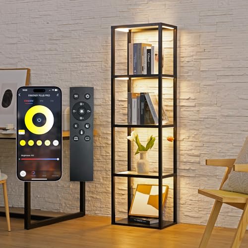 FENLO Fantasy Plus Pro - 66" LED Glass Display Shelf with Dimmable LED Floor Lamp, Curio Cabinet with Adjustable Color Temp, Open Display Cabinet for Collectibles, Long Lasting LED