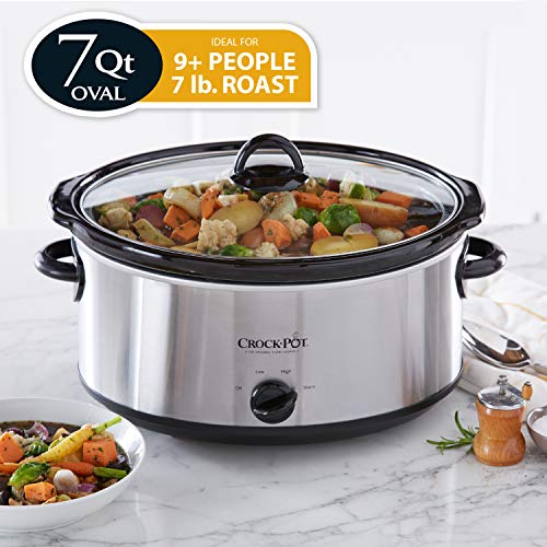 Olla de cocción lenta manual ovalada de 7 cuartos de galón Crock-Pot, acero inoxidable (SCV700-S-BR), utensilios de cocina versátiles para familias numerosas o para recibir invitados