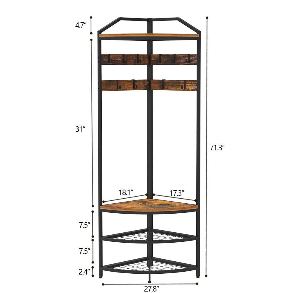 GiftGo Corner Hall Tree with Shoe Bench Entryway Coat Rack with 10 Metal Movable Hooks Freestanding