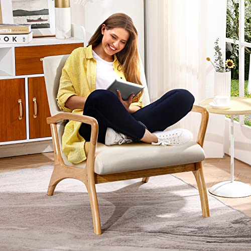 Sillón con reposabrazos CDCASA de estilo moderno de mediados de siglo con cojín, tapizado de tela de lino y marco de madera, para sala de estar, dormitorio, lectura y balcón, juego de 1