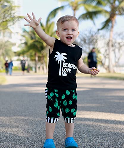 Ropa de verano para bebés varones YOUNGER TREE, camisetas sin mangas y pantalones cortos con estampado de Beaches Love Me, conjuntos casuales para niños (negro, 18 a 24 meses)