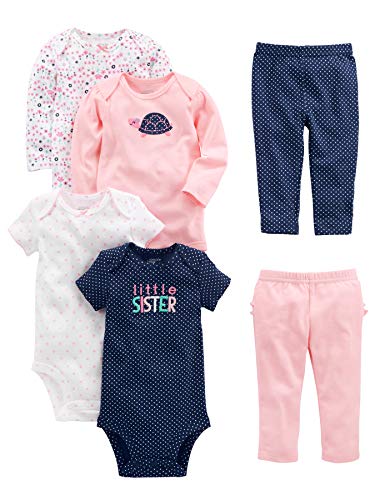 Conjunto de 6 piezas de monos (manga corta y manga larga) y pantalones para niñas pequeñas de Simple Joys by Carter, multicolor, lunares, flores, corazones y tortuga, de 6 a 9 meses