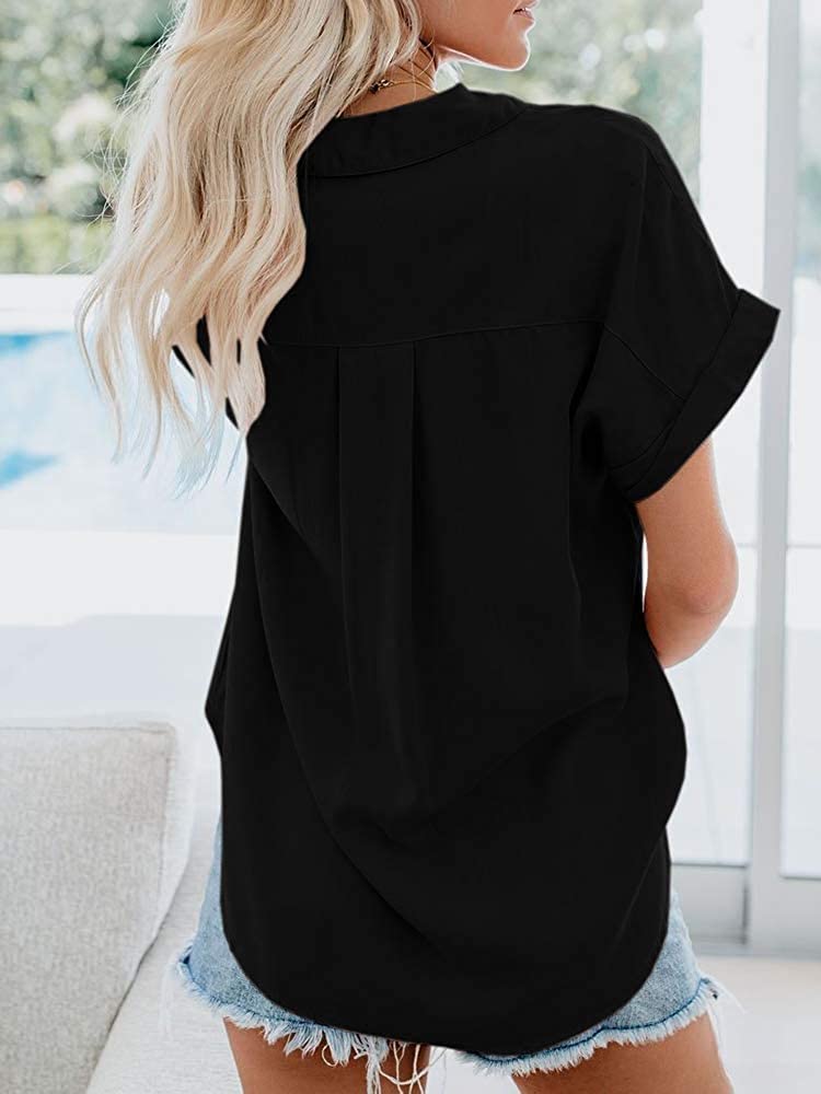 APRAW - Camisas informales de manga corta con botones para mujer, blusas lisas de algodón de verano con bolsillos, color negro