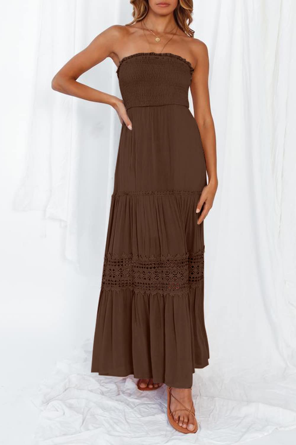 ZESICA Women's 2024 Summer Bohemian Strapless Off Shoulder Lace Trim Backless Flowy A Line Beach Long Maxi Dress,Coffee,X-Large