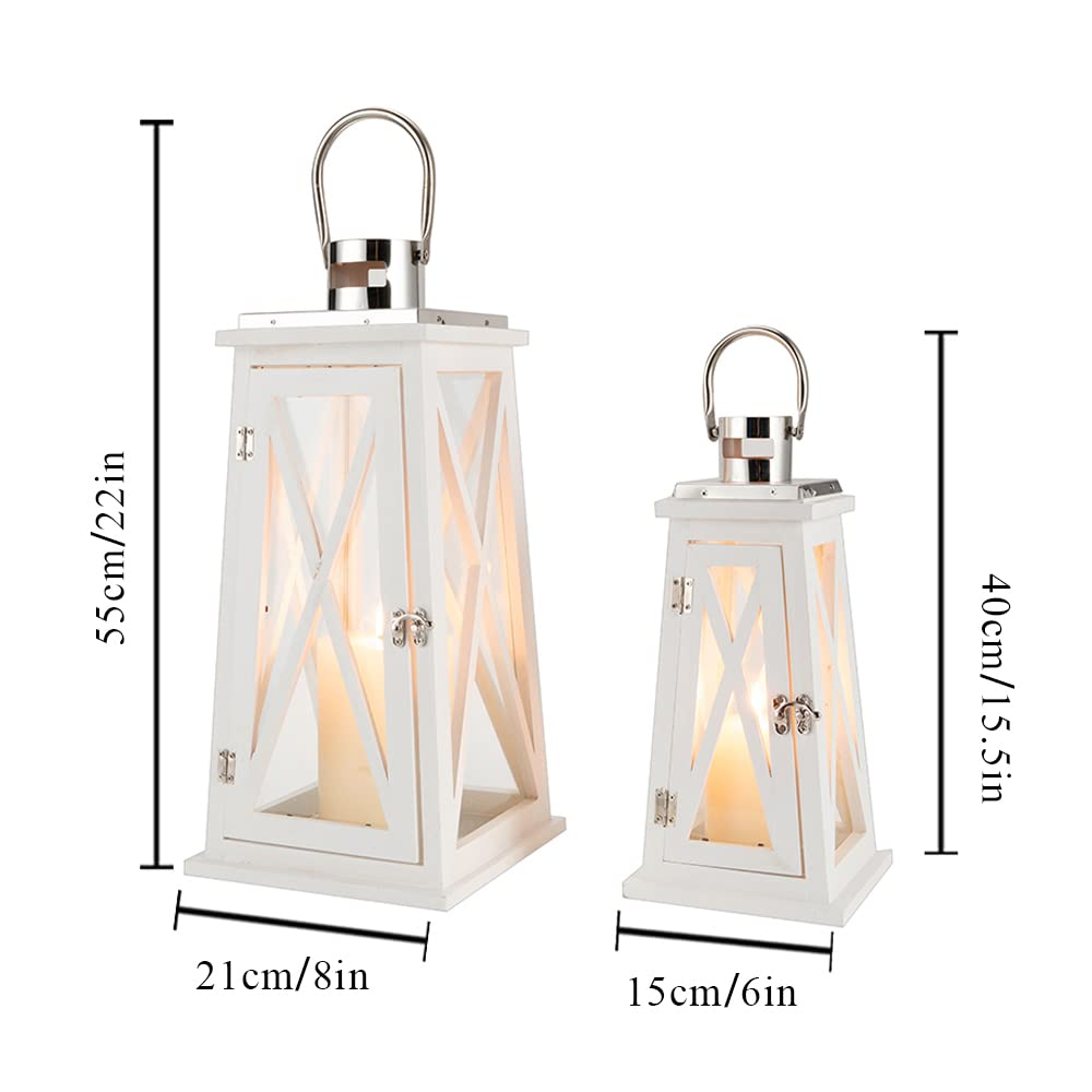 TRIROCKS Set of 2 Farmhouse Wood Candle Lantern 22'' &15.5'' H Decorative Candle Holders with Tempered Glass Rustic Hanging Lantern for Garden Patio Wedding Parties Indoor Outdoor(White Trapezoid)