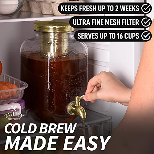 ***Zulay Kitchen 1 Gallon Cold Brew Coffee Maker - Large Iced Tea & Cold Brew Pitcher with Extra-Thick Glass & Stainless Steel Infuser - Drink & Beverage Dispenser Jar with Airtight Lid & Spout (Gold)