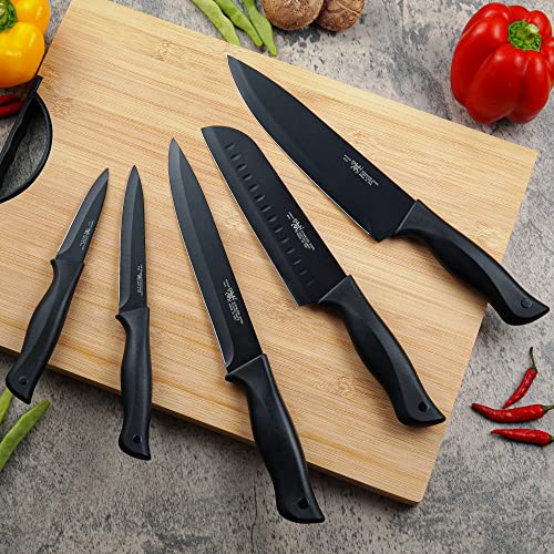 Juego de cuchillos de cocina con bloque, HUNTER.DUAL Juego de cuchillos de cocina de 15 piezas con bloque autoafilable, apto para lavavajillas, mango antideslizante, color negro