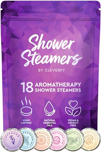 Vaporizadores de ducha Cleverfy Aromatherapy: paquete de 18 bombas de ducha con aceites esenciales. Regalos de cumpleaños para el cuidado personal y la relajación para mujeres y hombres. Set morado