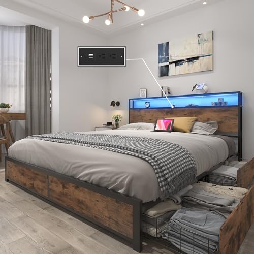 Estructura de cama tamaño queen Lifezone con cabecera de almacenamiento de 2 niveles, estructura de cama con plataforma de metal con 4 cajones de almacenamiento, estación de carga incorporada y LED