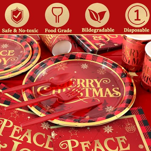 172Pcs Christmas Party Supplies Red and Black Buffalo Plaid Disposable Tableware Set Christmas Plates and Napkins, Plastic Tablecloths, Banners, Cutlery for Christmas Party Decorations