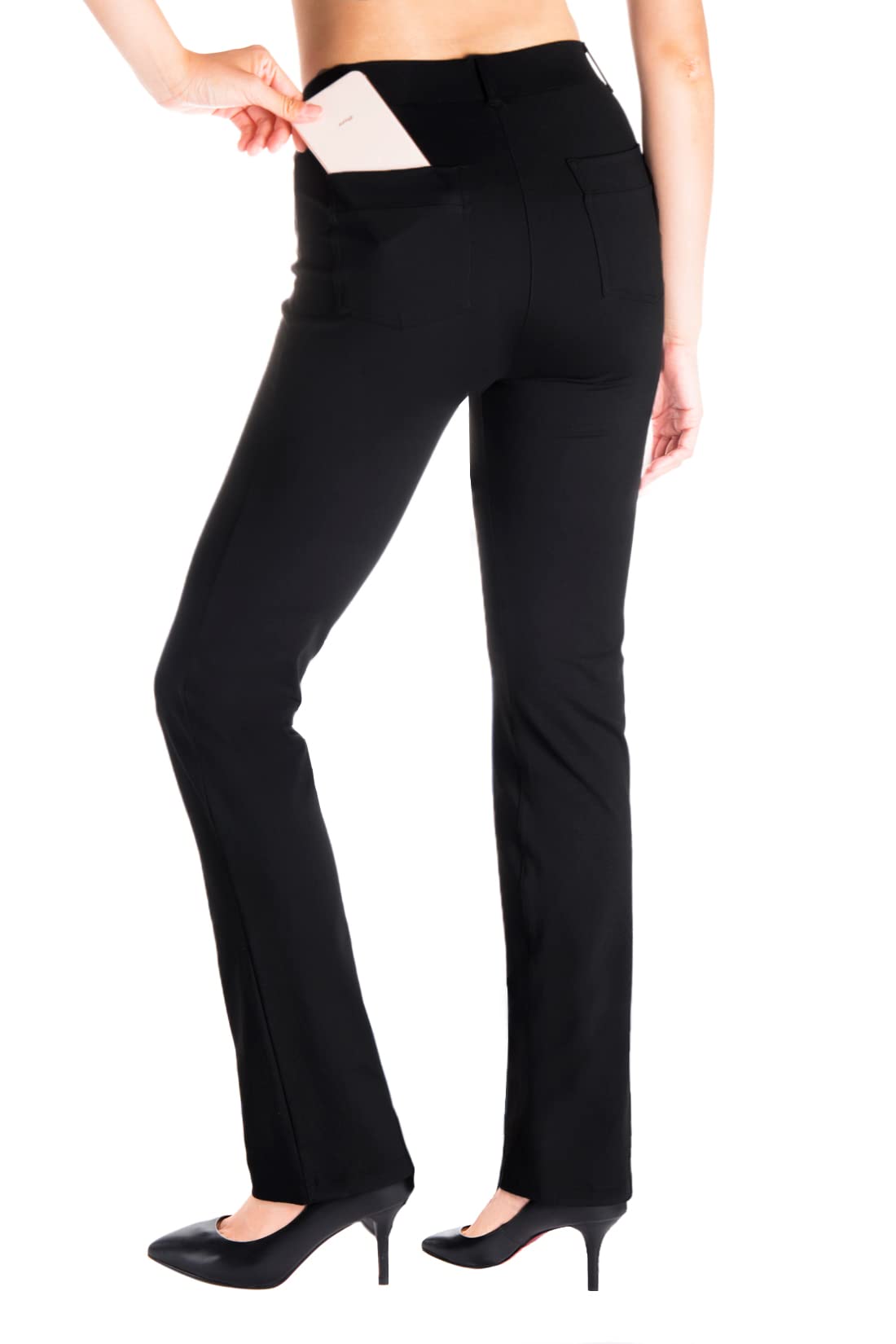 Yogipace, 4 bolsillos/presillas para cinturón, pantalones de yoga de pierna recta para mujer, pantalones de trabajo, pantalones de oficina, 33", negro, talla M