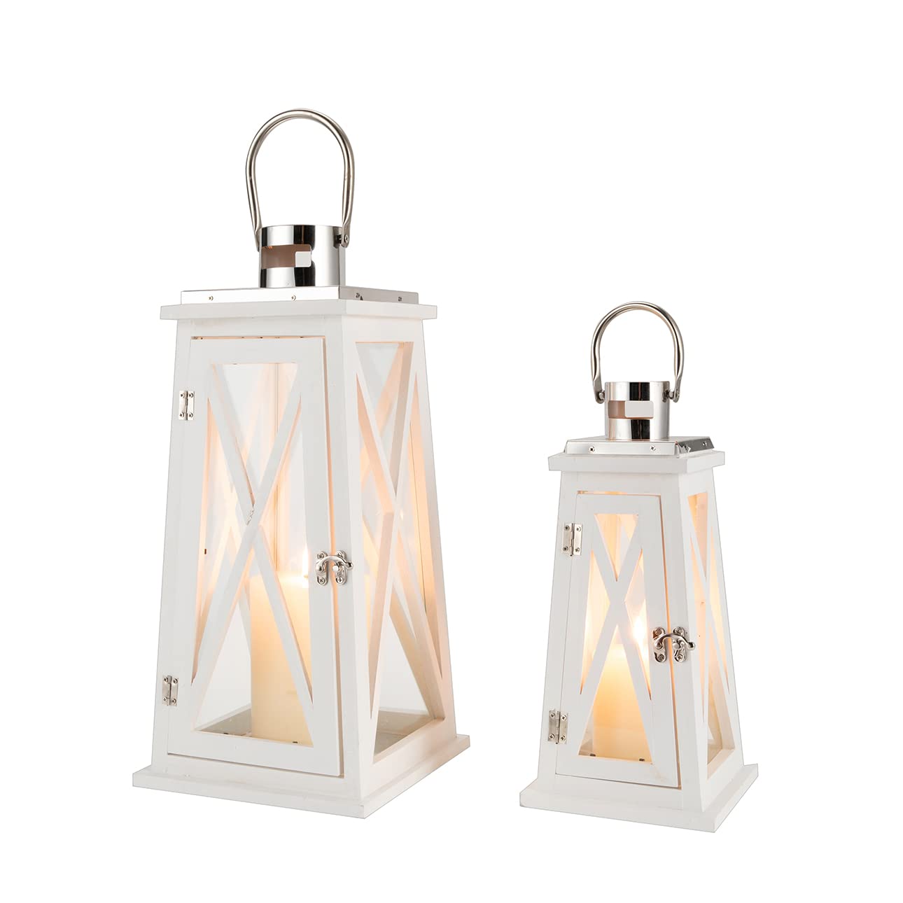 TRIROCKS Set of 2 Farmhouse Wood Candle Lantern 22'' &15.5'' H Decorative Candle Holders with Tempered Glass Rustic Hanging Lantern for Garden Patio Wedding Parties Indoor Outdoor(White Trapezoid)