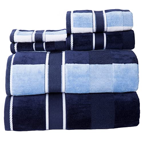 Juego de toallas de 6 piezas: accesorios de baño de algodón absorbente con toallas de baño, toallas de mano y paños de lavado: toallas lisas y a rayas de Lavish Home (azul marino)