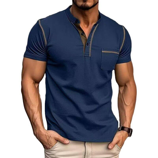 Camiseta Henley de moda para hombre, clásica, de manga corta o larga, ligera, de algodón con botones, informal, azul