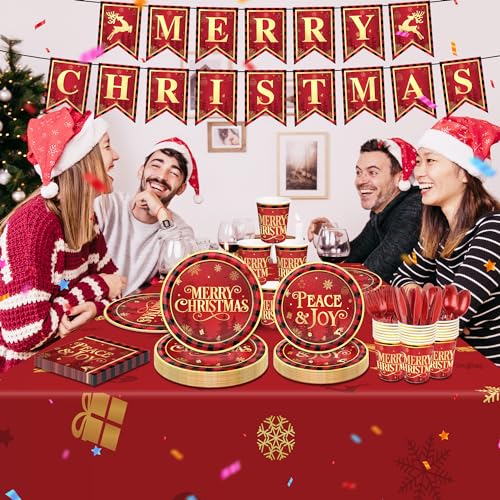 172Pcs Christmas Party Supplies Red and Black Buffalo Plaid Disposable Tableware Set Christmas Plates and Napkins, Plastic Tablecloths, Banners, Cutlery for Christmas Party Decorations