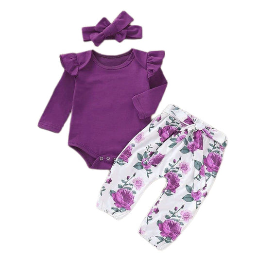 Aoswep Ropa para bebé recién nacido, conjunto de niña pequeña, mono con volantes de manga larga + pantalones florales + conjunto de diadema (6 a 9 meses, morado)