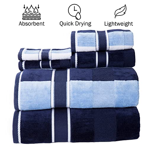 6PC Towel Set - Absorbent Cotton Bathroom Accessories with Bath Towels, Hand Towels, and Wash Cloths - Solid and Striped Towels by Lavish Home (Navy)