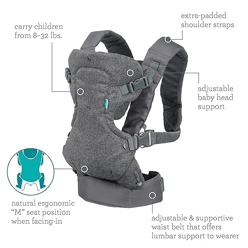 Portabebés Infantino Flip Advanced 4 en 1: ergonómico, convertible, con portabebés con la cara hacia adentro y hacia afuera, tanto en la parte delantera como en la trasera, para recién nacidos y bebés mayores de entre 8 y 32 libras