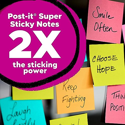 Notas adhesivas Post-it Super Sticky, 3 x 3 pulgadas, 24 blocs, doble poder de adherencia, neones Supernova, colores brillantes, reciclables