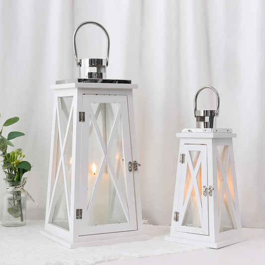 TRIROCKS Set of 2 Farmhouse Wood Candle Lantern 22'' &15.5'' H Decorative Candle Holders with Tempered Glass Rustic Hanging Lantern for Garden Patio Wedding Parties Indoor Outdoor(White Trapezoid)