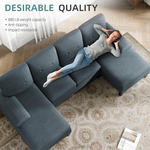 JAMFLY Sectional Sofa Couches for Living Room, 4 Seat U-Shaped Sofa Couch with Linen Fabric and Double Chaises for Apartment, Office, Dark Grey